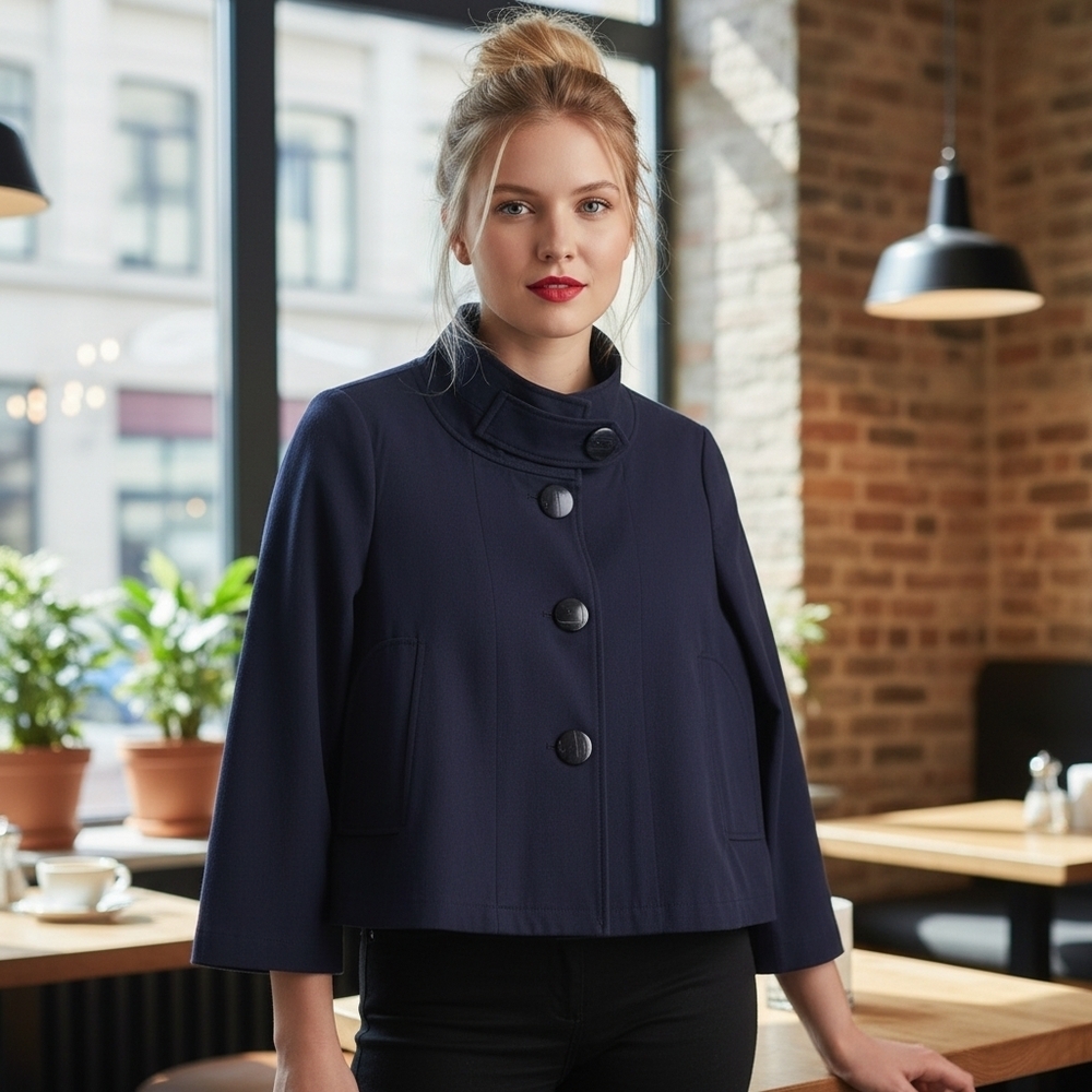Peter Nygard  Navy blue Funnel neck stretch cropped swing jacket